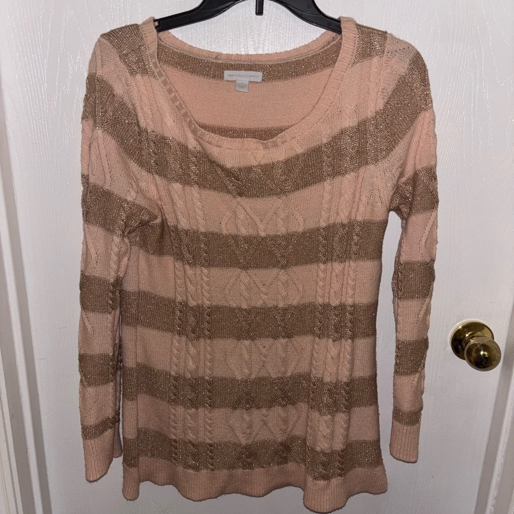NY & CO. (Brand) - Striped Pink and Brown sparkly Women's Sweater Size - M